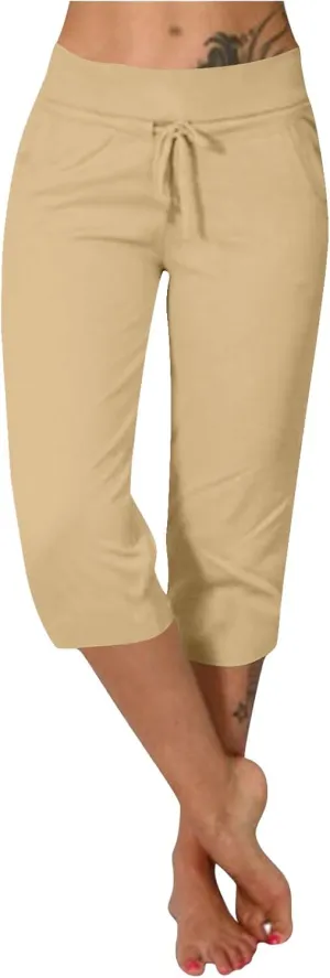 Casual Stretch Capris Pant for Women 2025 Side Pocket Yoga Trouser Straight Leg Summer Sweatpant Lightweight Pants