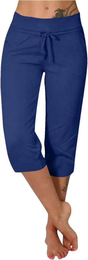 Casual Stretch Capris Pant for Women 2025 Side Pocket Yoga Trouser Straight Leg Summer Sweatpant Lightweight Pants