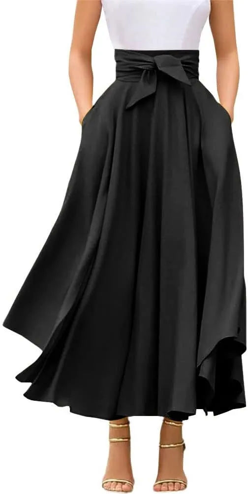 chouyatou Women's Elegant High Waisted Side Slit Irregular Bohemian Maxi Skirt with Pockets