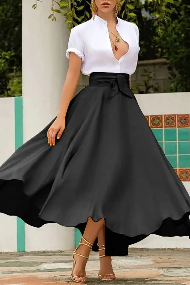 chouyatou Women's Elegant High Waisted Side Slit Irregular Bohemian Maxi Skirt with Pockets