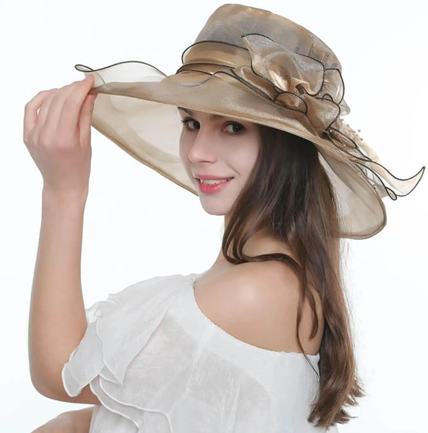 Church Derby Hat Wide Brim 𝙲ocktail Tea Party Bridal Dress Hats Organza Derby Hat