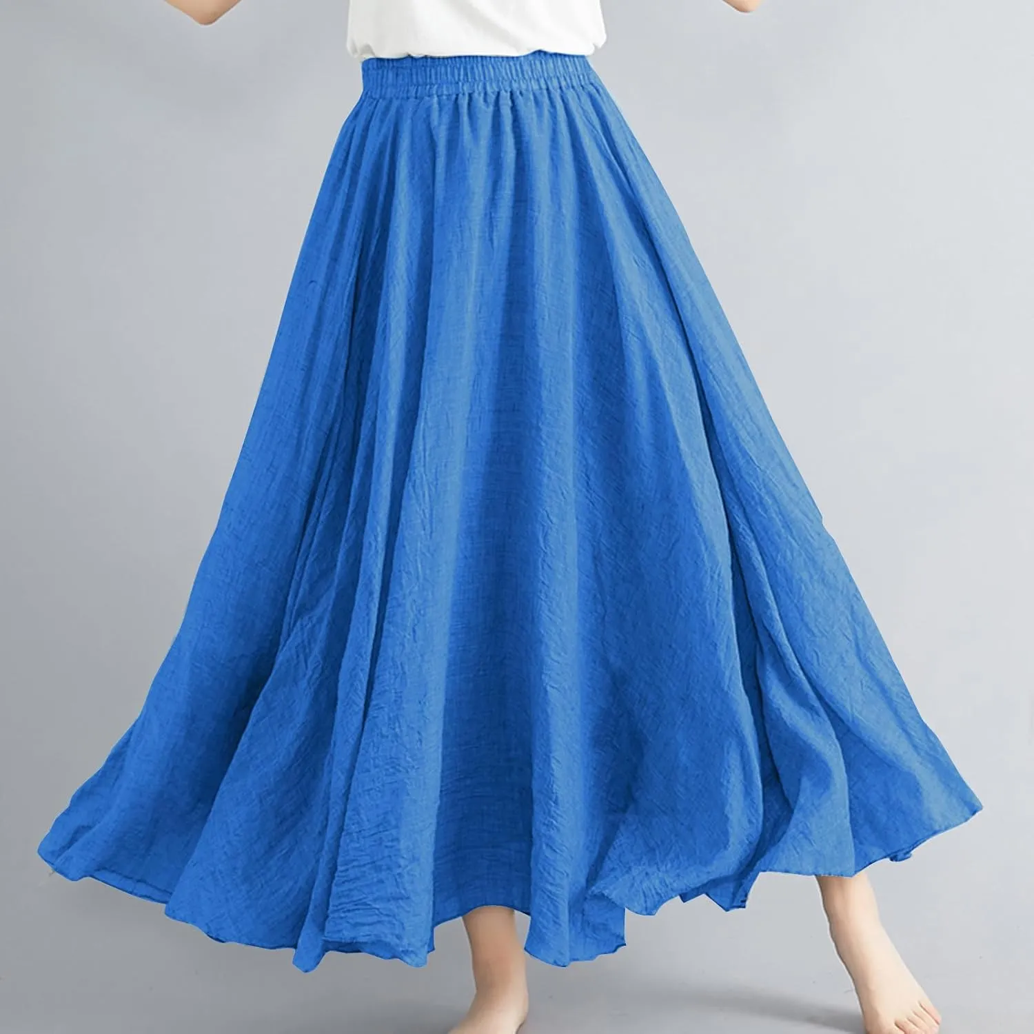Cotton Linen Maxi Skirt for Women High Waist Flowy Beach Long SkirtsSolid Color Boho Casual Elastic Waist Summer Style