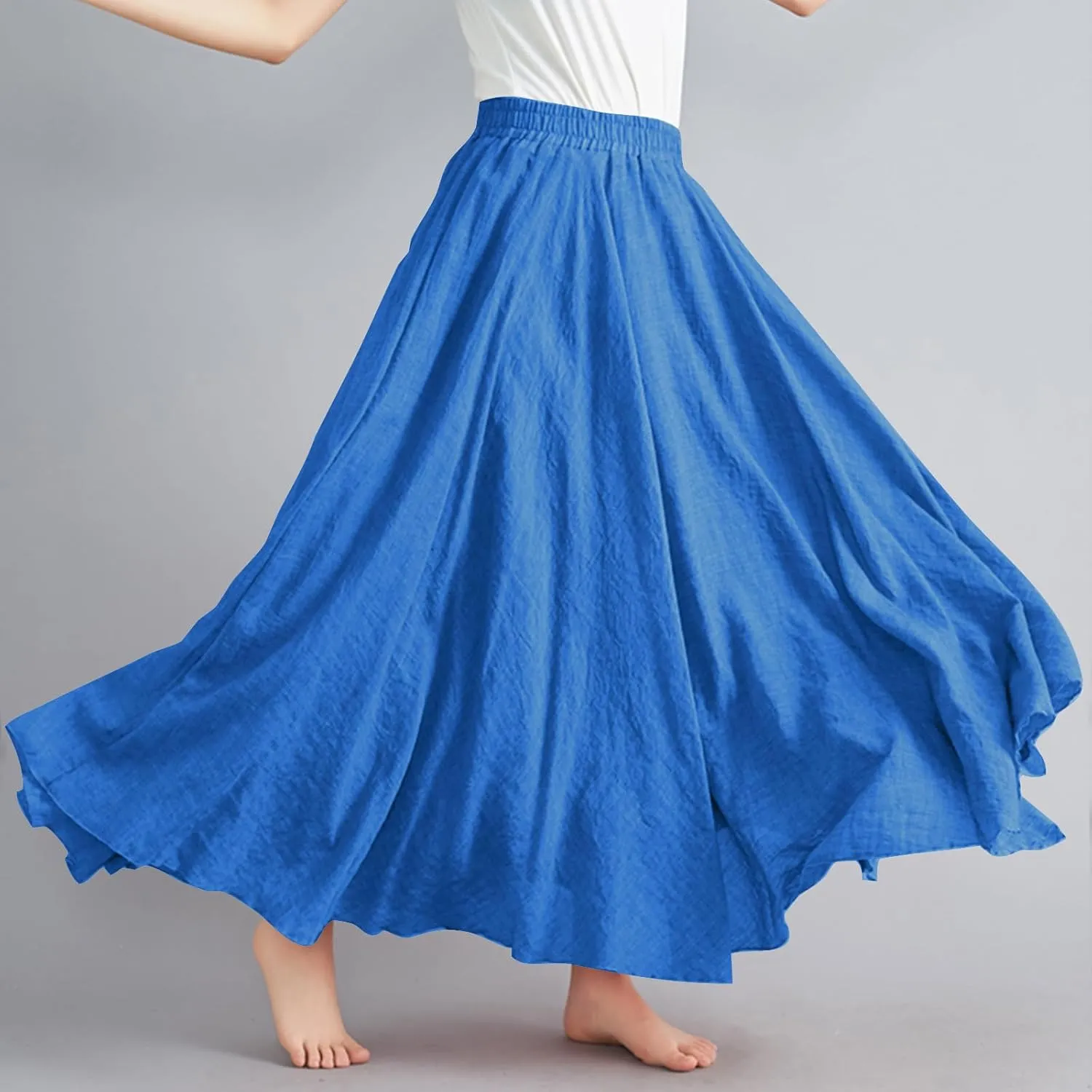 Cotton Linen Maxi Skirt for Women High Waist Flowy Beach Long SkirtsSolid Color Boho Casual Elastic Waist Summer Style