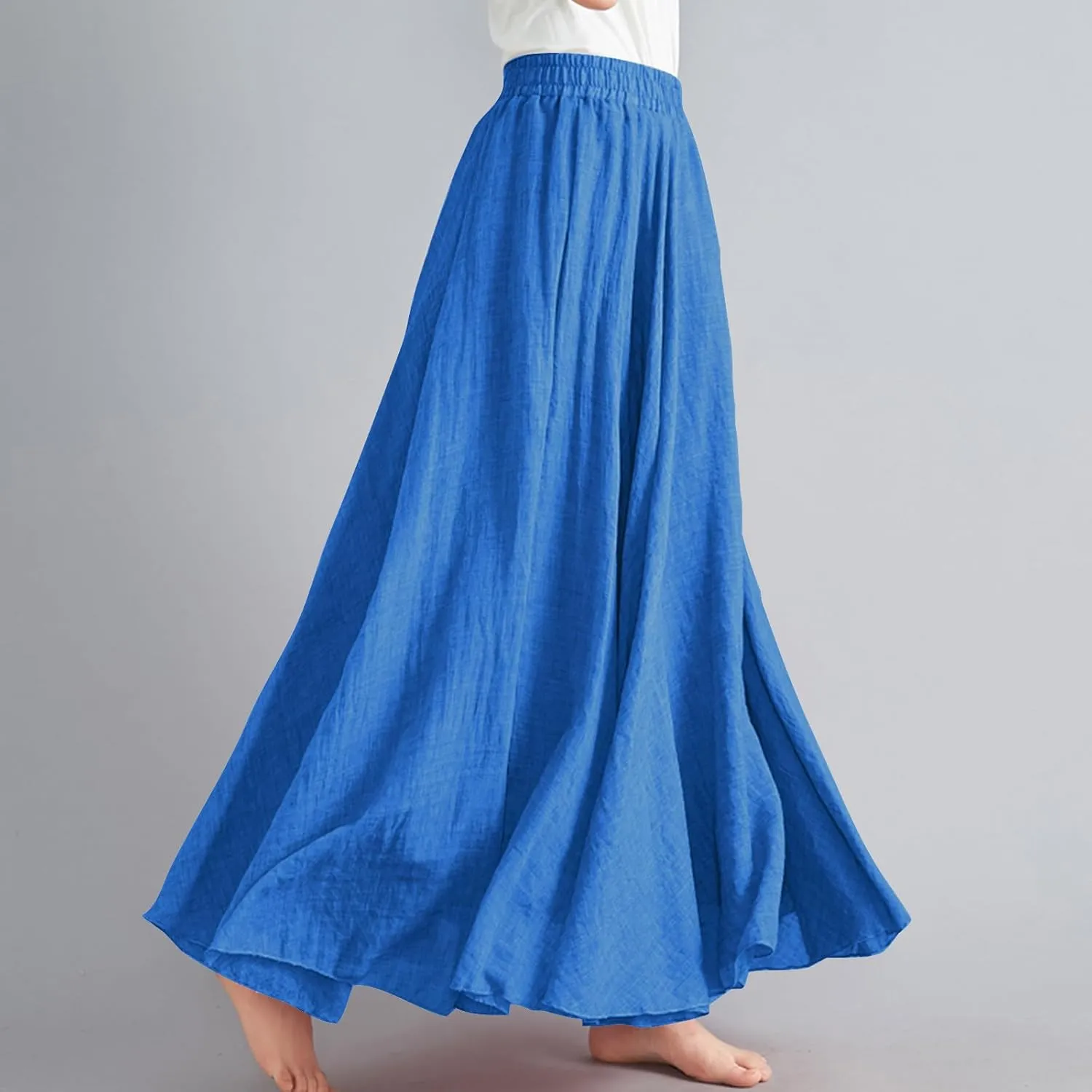 Cotton Linen Maxi Skirt for Women High Waist Flowy Beach Long SkirtsSolid Color Boho Casual Elastic Waist Summer Style