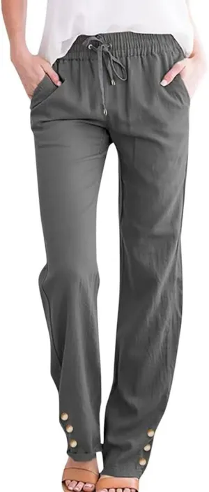 Cotton Linen Pants Women High Waist Trousers with Side Pockets Casual Lightweight Breathable Long Pants for Summer