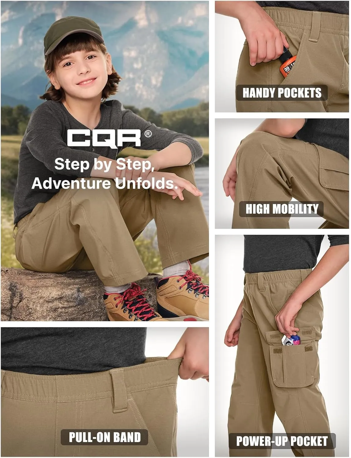 CQR Kids Youth Hiking Cargo Pants, UPF50  Quick Dry Outdoor Camping Pants
