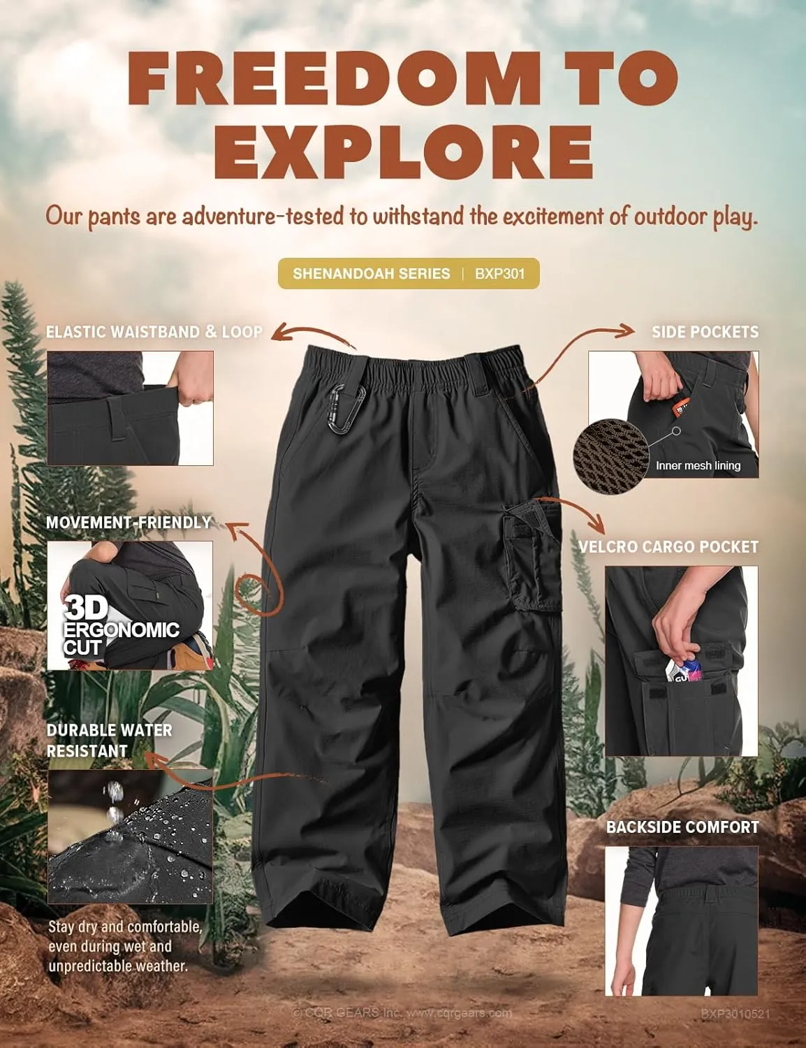 CQR Kids Youth Hiking Cargo Pants, UPF50  Quick Dry Outdoor Camping Pants