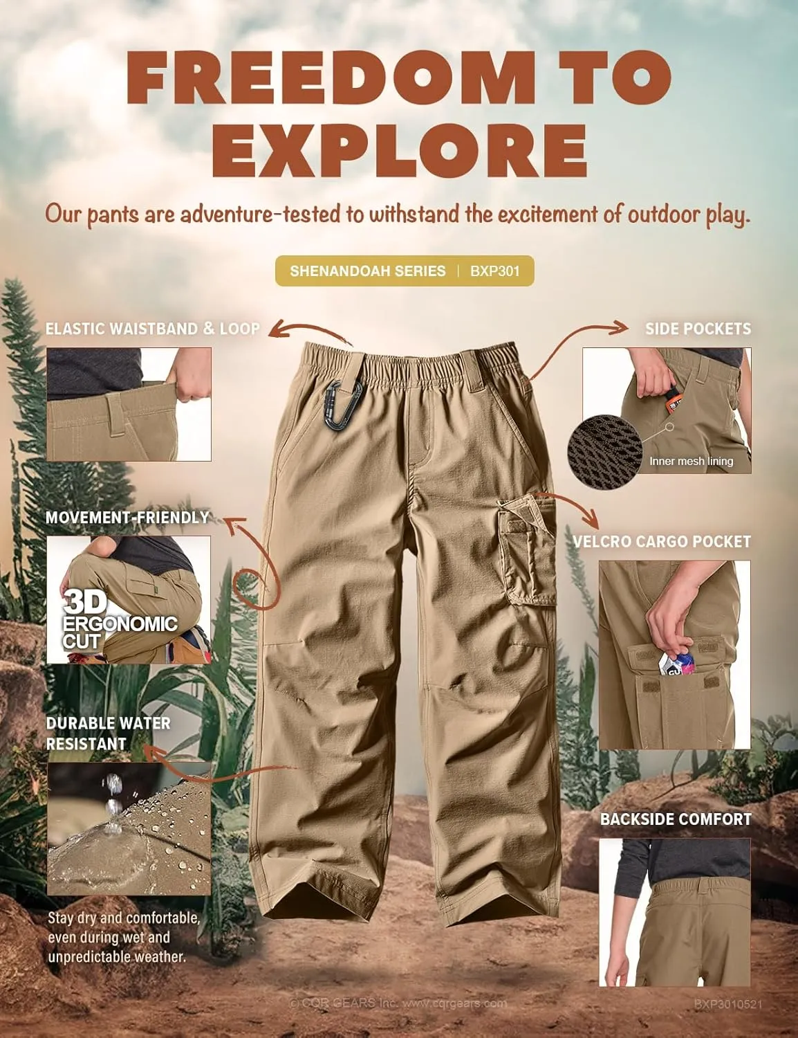 CQR Kids Youth Hiking Cargo Pants, UPF50  Quick Dry Outdoor Camping Pants