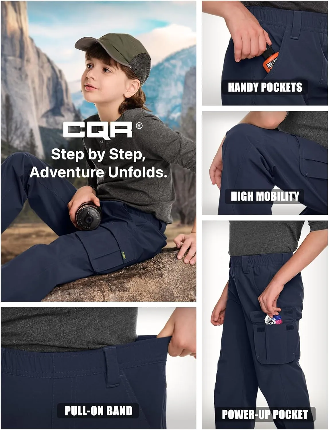 CQR Kids Youth Hiking Cargo Pants, UPF50  Quick Dry Outdoor Camping Pants