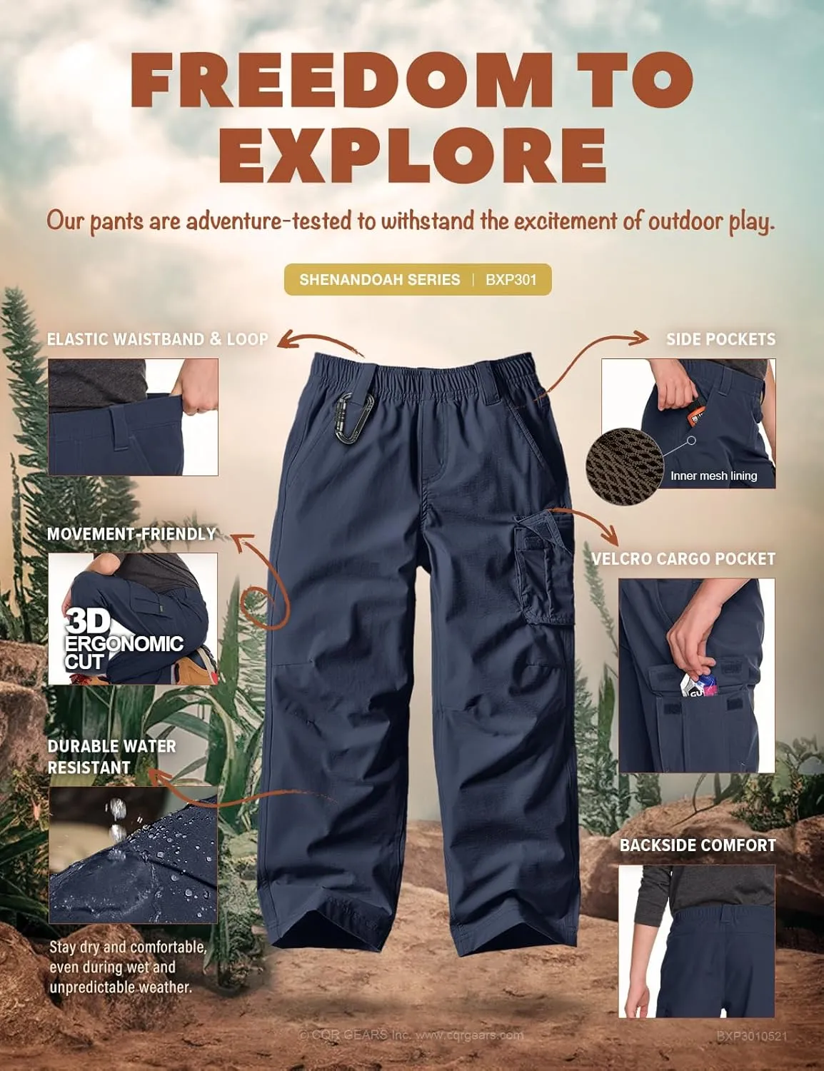 CQR Kids Youth Hiking Cargo Pants, UPF50  Quick Dry Outdoor Camping Pants