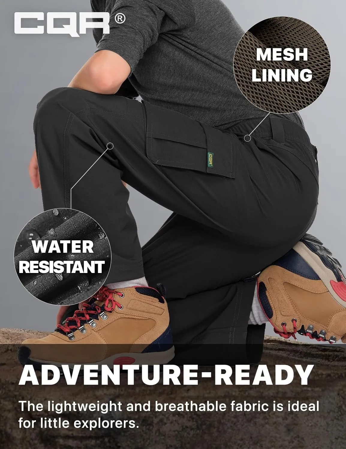 CQR Kids Youth Hiking Cargo Pants, UPF50  Quick Dry Outdoor Camping Pants