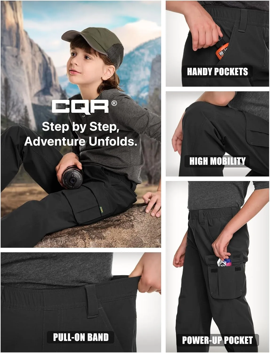 CQR Kids Youth Hiking Cargo Pants, UPF50  Quick Dry Outdoor Camping Pants