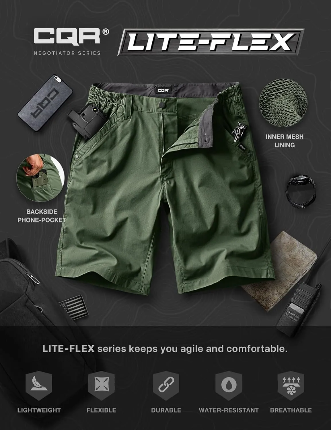 CQR Men's Flex Casual Cargo Shorts, Lightweight Water Resistant Golf Shorts, Stretch Tactical Work Shorts with Multi-Pocket