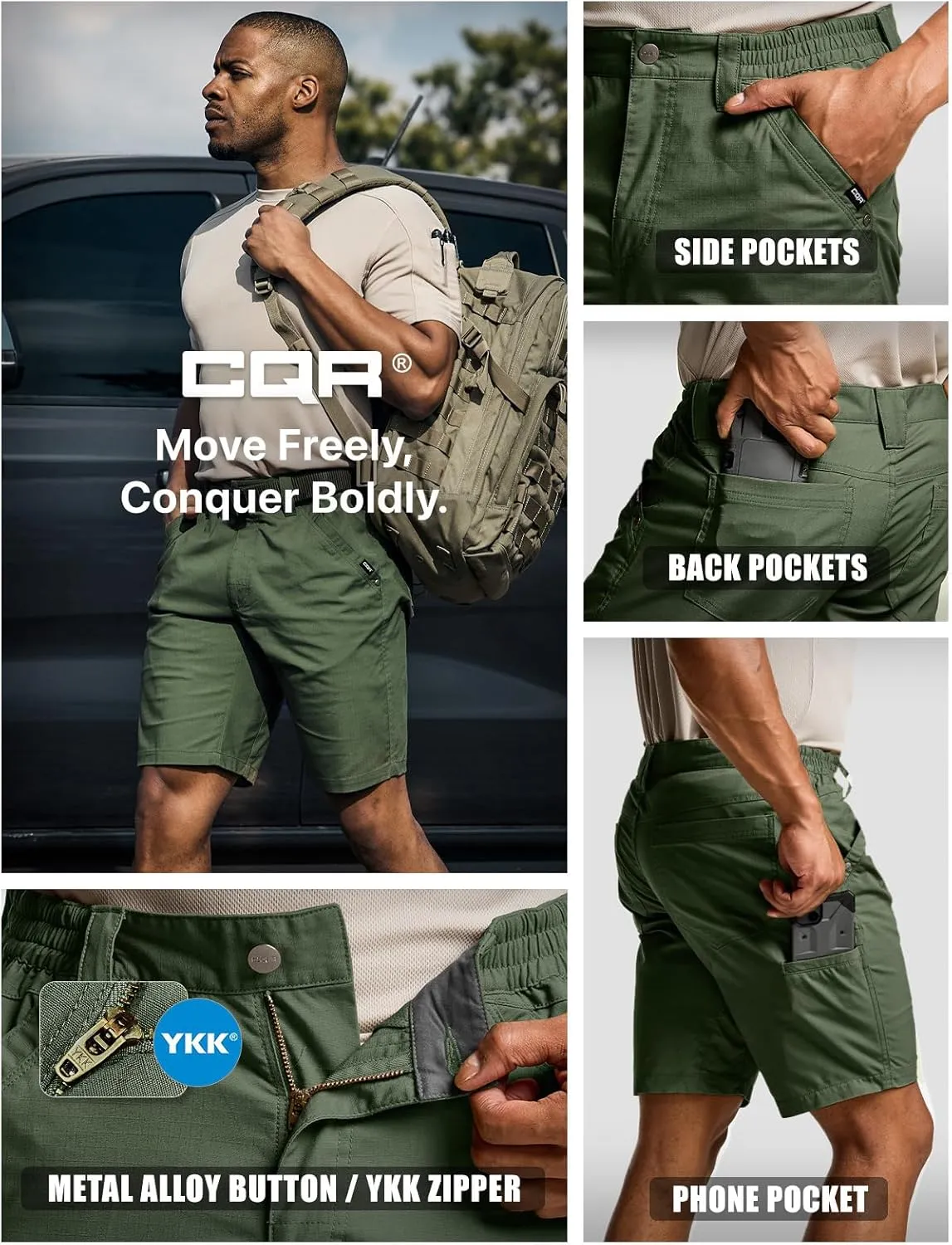 CQR Men's Flex Casual Cargo Shorts, Lightweight Water Resistant Golf Shorts, Stretch Tactical Work Shorts with Multi-Pocket