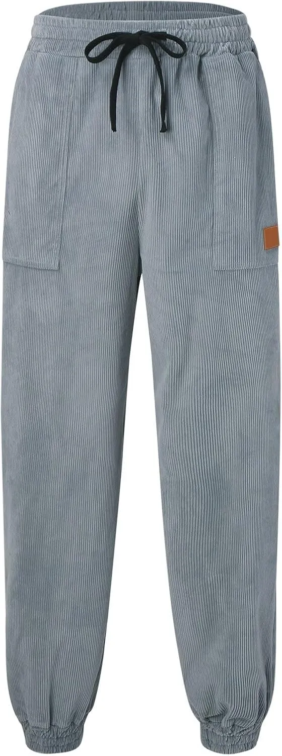 CRNTCEM Cuffed Corduory Sweatpant for Men Elastic Waist Casual Jogging Pants Winter Warm Straight Leg Athletic Harem Pants