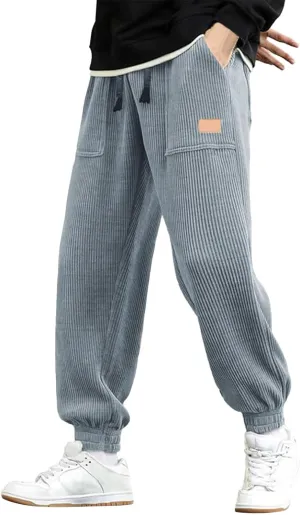 CRNTCEM Cuffed Corduory Sweatpant for Men Elastic Waist Casual Jogging Pants Winter Warm Straight Leg Athletic Harem Pants