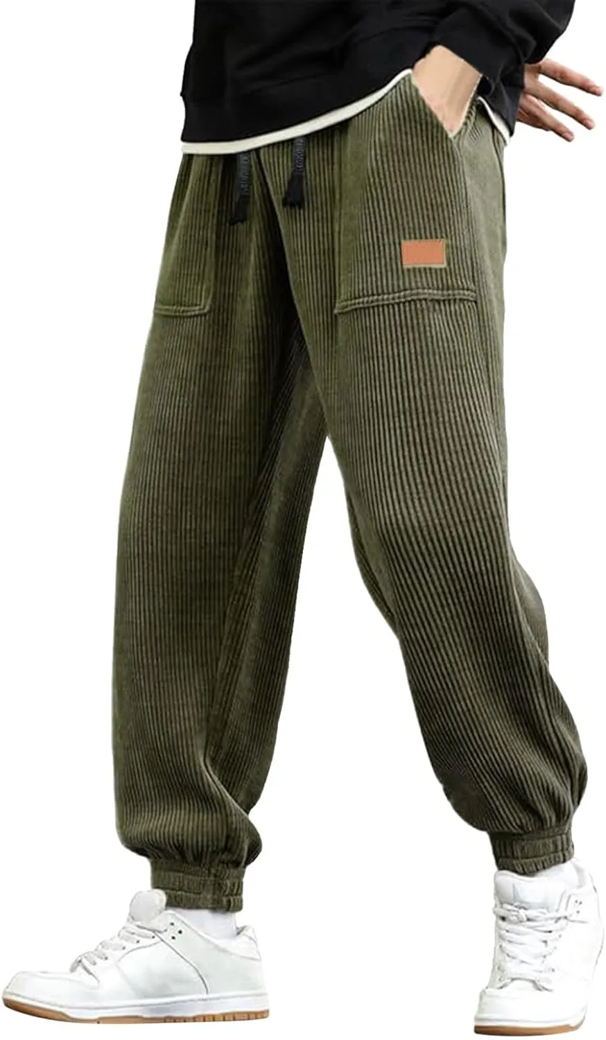 CRNTCEM Mens Corduory Sweatpants Stretchy Chino Cotton Athletic Workout Joggers Winter Cozy Cuffed Running Fitness Pants