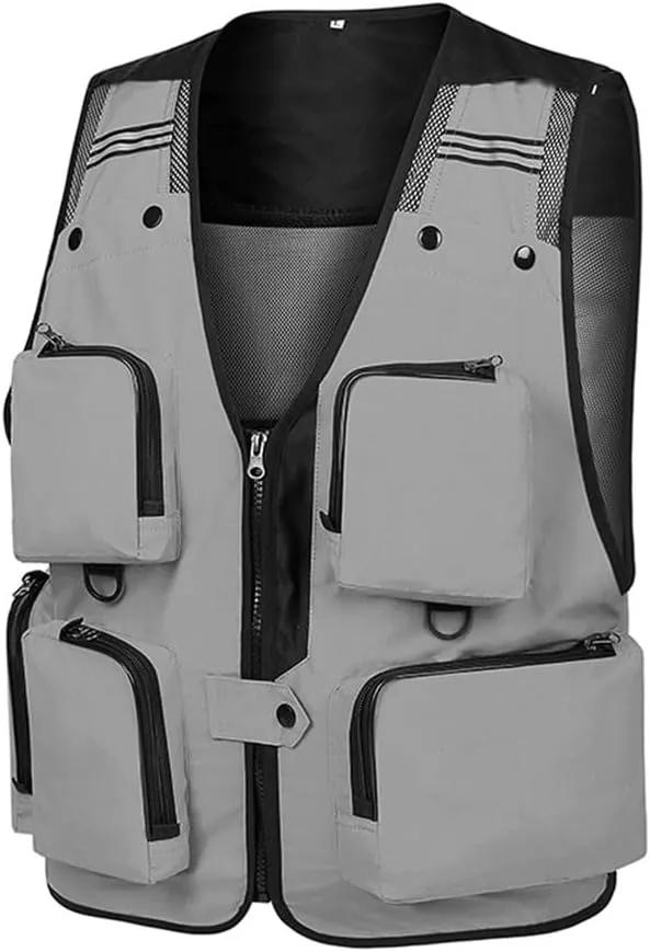 Dninmim Men's Fishing Vest Stripe Detachable Multiple Pockets Jacket Breathable Comfortable Top