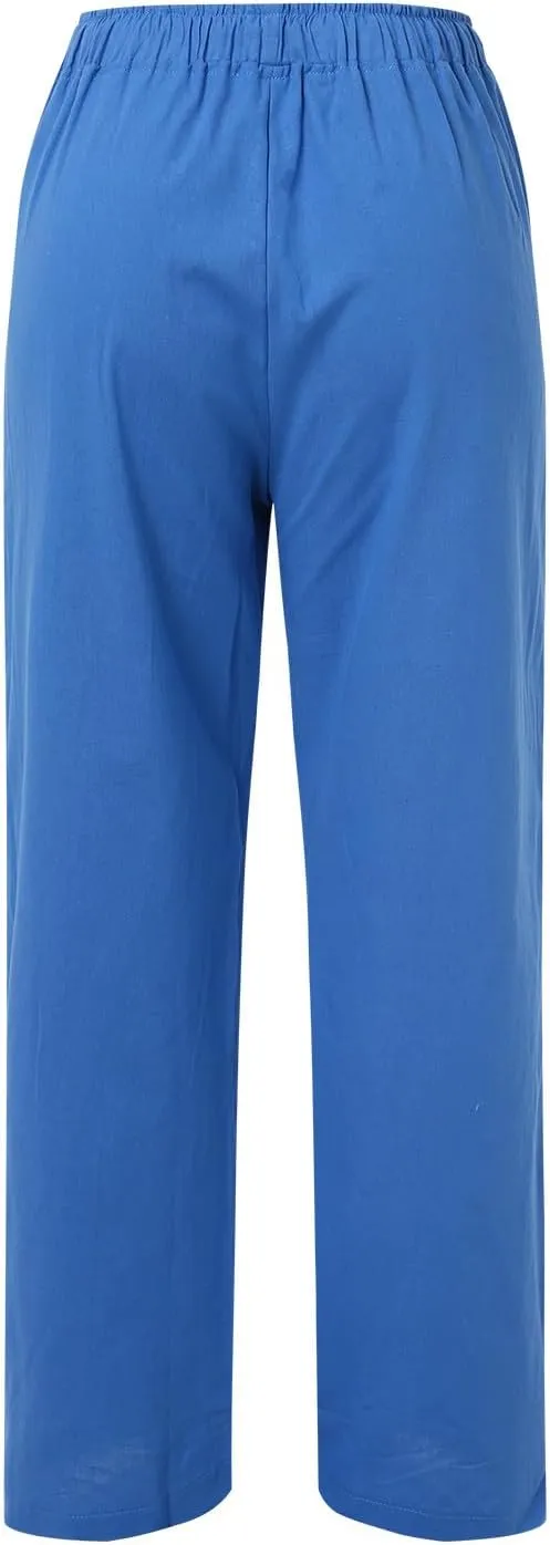 Drawstring Pants Women High Waisted Cotton Linen Wide Leg Summer Trouser Casual Loose Fit Palazzo Pull On Sweatpant