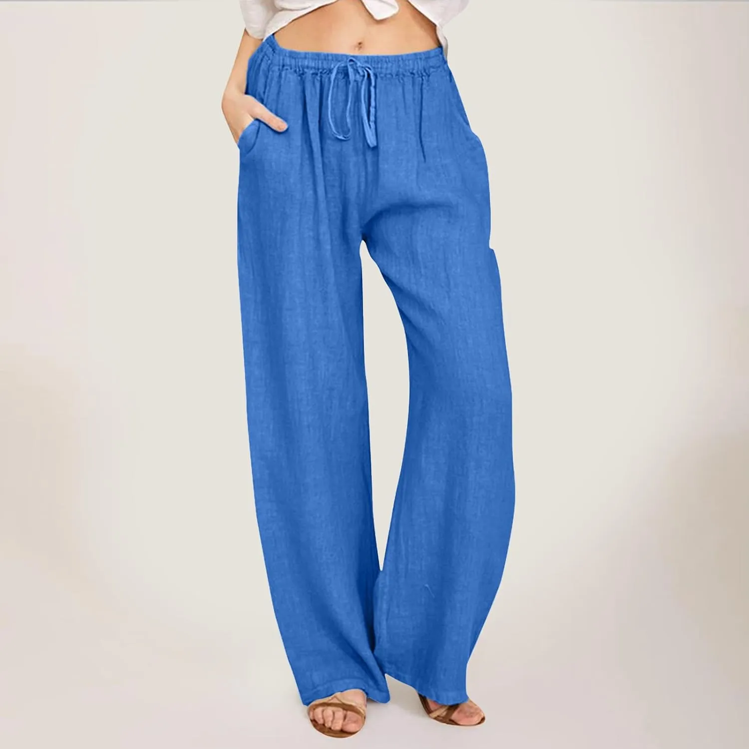 Drawstring Pants Women High Waisted Cotton Linen Wide Leg Summer Trouser Casual Loose Fit Palazzo Pull On Sweatpant