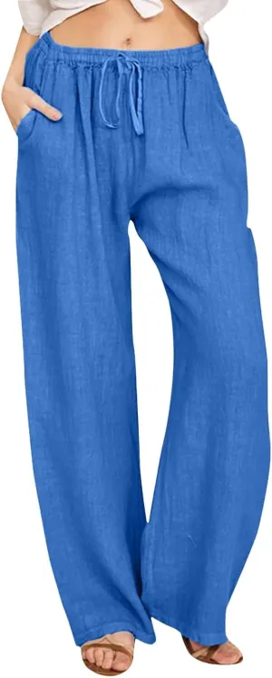 Drawstring Pants Women High Waisted Cotton Linen Wide Leg Summer Trouser Casual Loose Fit Palazzo Pull On Sweatpant