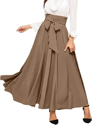 Dressy Skirts for Women Flowy Ruffle Swing High Waisted Bow Front Pleated Maxi Skirts Fall Business Work Suit Dresses