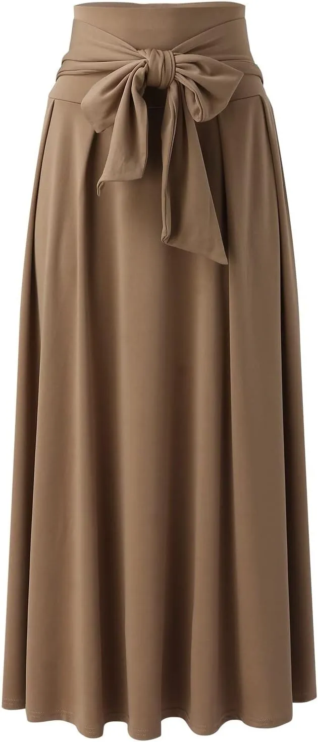 Dressy Skirts for Women Flowy Ruffle Swing High Waisted Bow Front Pleated Maxi Skirts Fall Business Work Suit Dresses