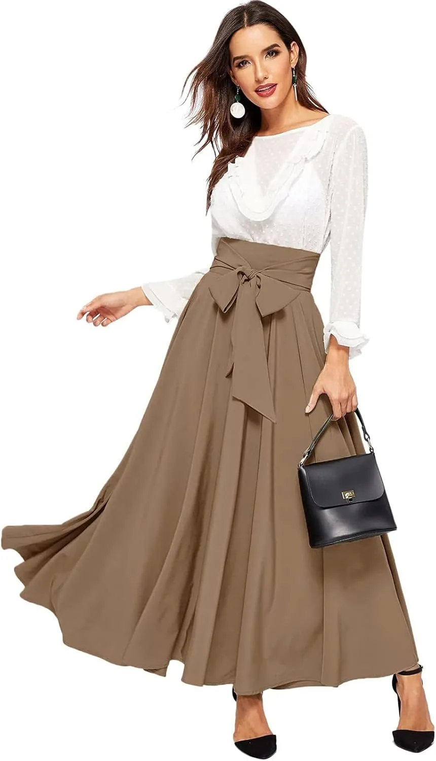 Dressy Skirts for Women Flowy Ruffle Swing High Waisted Bow Front Pleated Maxi Skirts Fall Business Work Suit Dresses