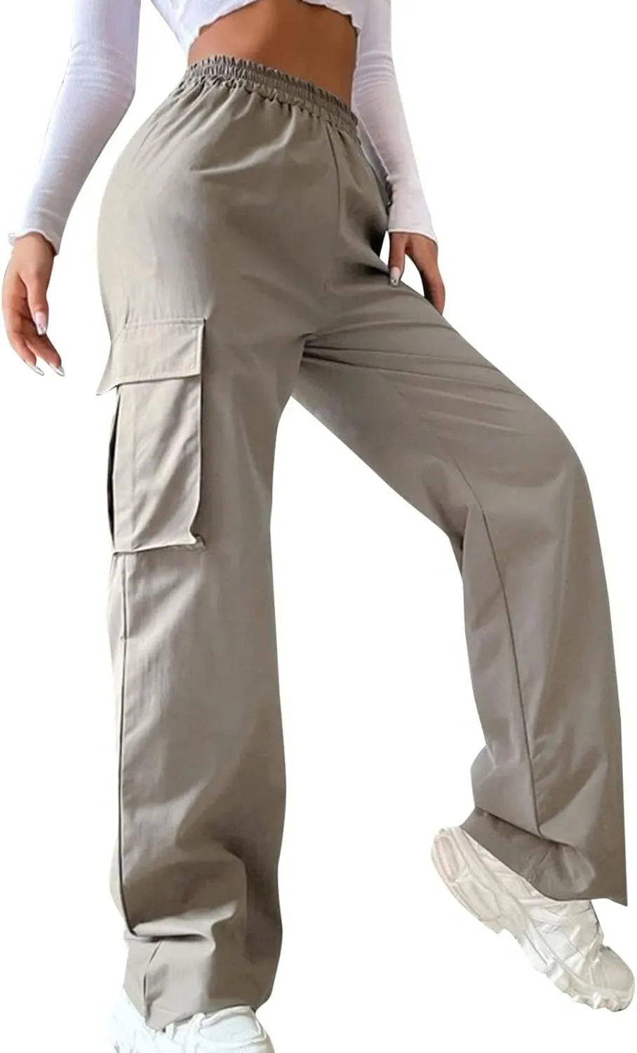 fanmpghleoo Cargo Pants Women Baggy High Waisted Wide Leg Pants Casual Elastic Waist Pull On Carpenter Pants with Pockets