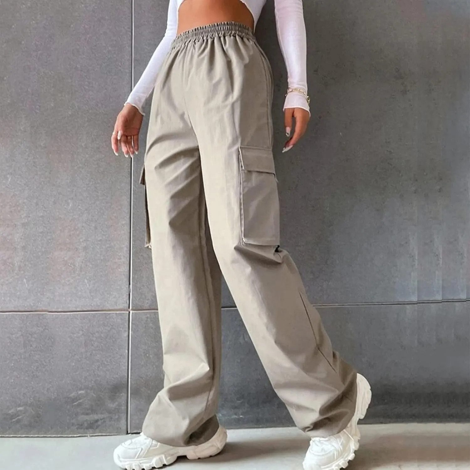 fanmpghleoo Cargo Pants Women Baggy High Waisted Wide Leg Pants Casual Elastic Waist Pull On Carpenter Pants with Pockets