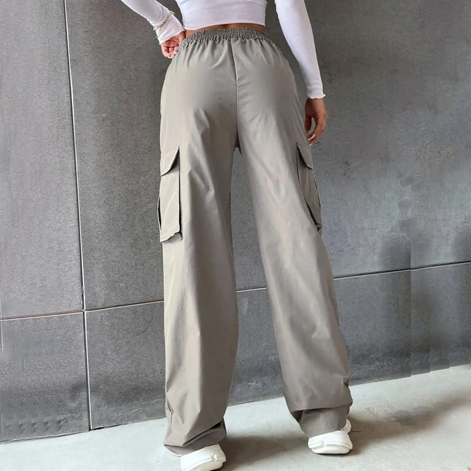 fanmpghleoo Cargo Pants Women Baggy High Waisted Wide Leg Pants Casual Elastic Waist Pull On Carpenter Pants with Pockets
