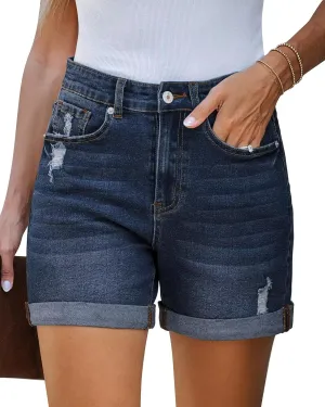 FEKOAFE Womens High Waisted Jean Shorts 2025 Stretch Denim Shorts Ripped Casual Shorts Dark Blue Large