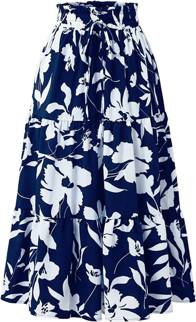 Floral Boho Skirts for Women Summer Casual Flowy Swing Tiered Long Skirt Elastic High Waisted Pleated Maxi Skirts