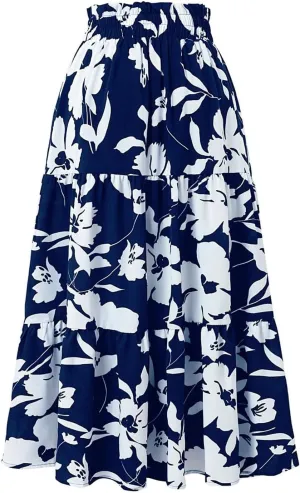 Floral Boho Skirts for Women Summer Casual Flowy Swing Tiered Long Skirt Elastic High Waisted Pleated Maxi Skirts
