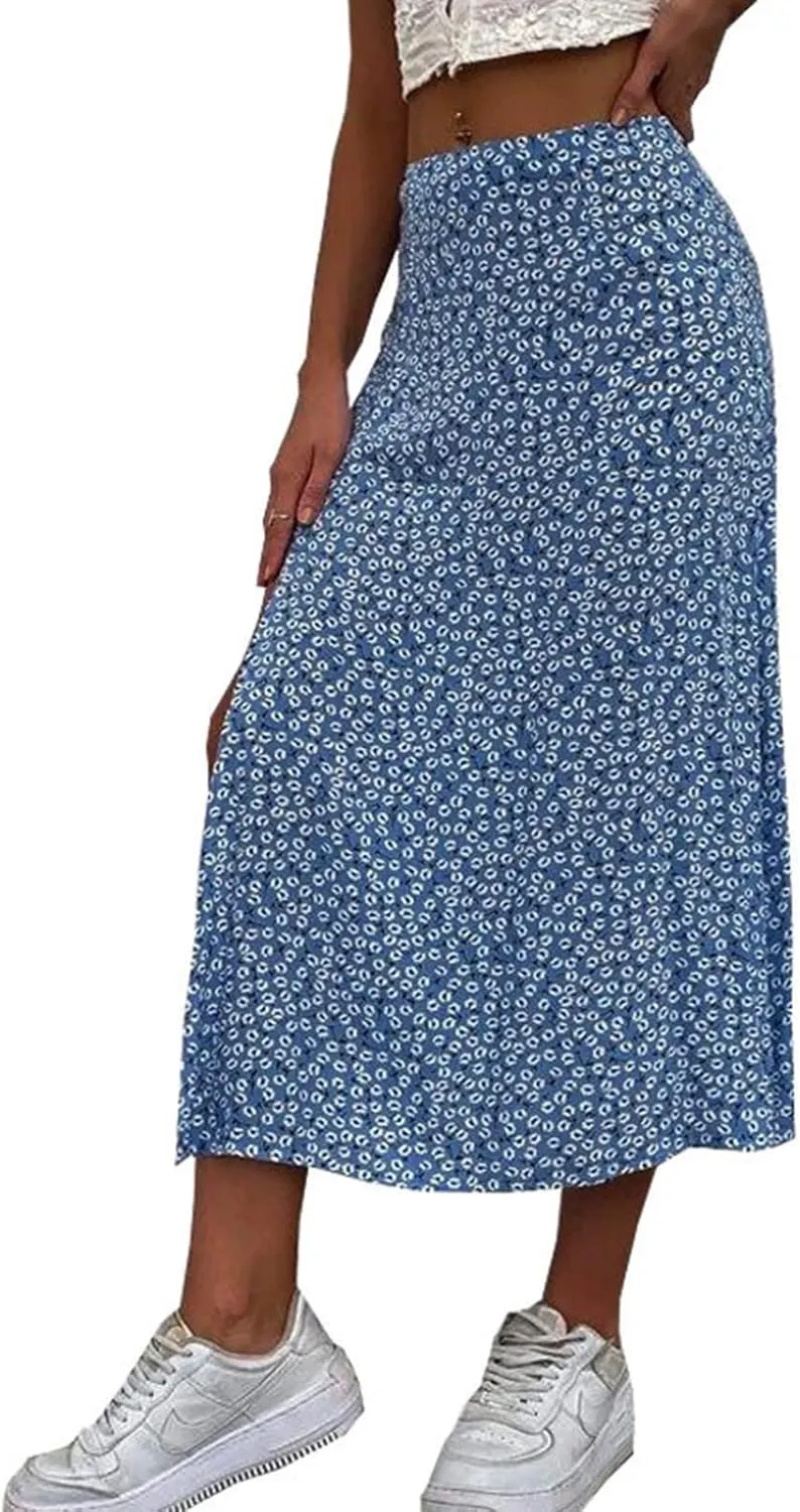 Floral Maxi Skirt for Women Side Slit Boho Flowy Long Skirts High Wasit Bohomian Summer Vacation Beach A-Line Skirt