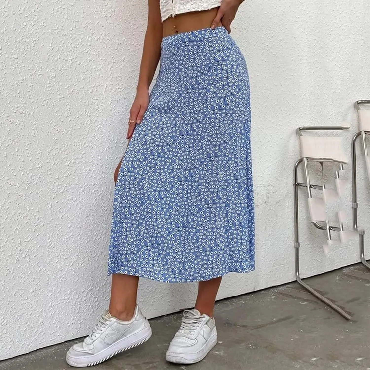 Floral Maxi Skirt for Women Side Slit Boho Flowy Long Skirts High Wasit Bohomian Summer Vacation Beach A-Line Skirt
