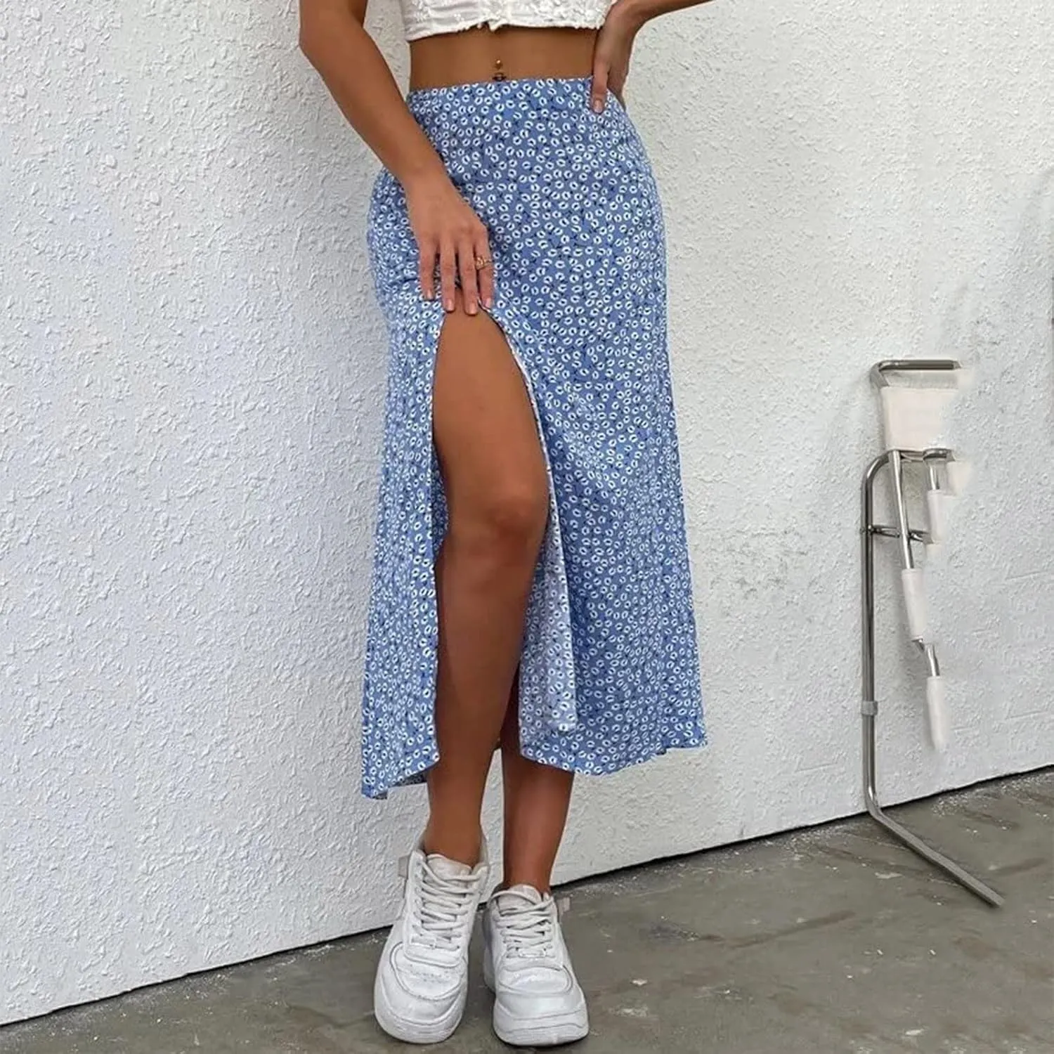 Floral Maxi Skirt for Women Side Slit Boho Flowy Long Skirts High Wasit Bohomian Summer Vacation Beach A-Line Skirt