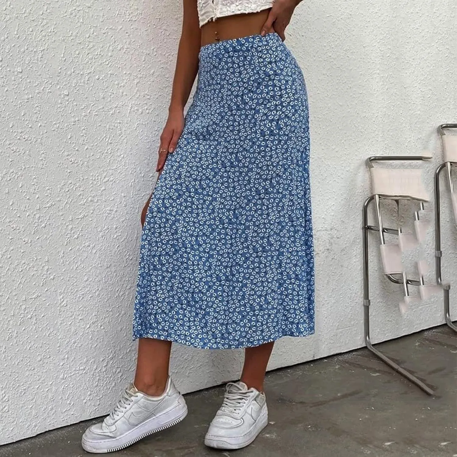 Floral Maxi Skirt for Women Side Slit Boho Flowy Long Skirts High Wasit Bohomian Summer Vacation Beach A-Line Skirt
