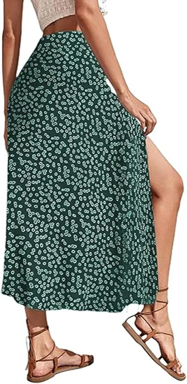 Floral Maxi Skirt for Women Side Slit Boho Flowy Long Skirts High Wasit Bohomian Summer Vacation Beach A-Line Skirt