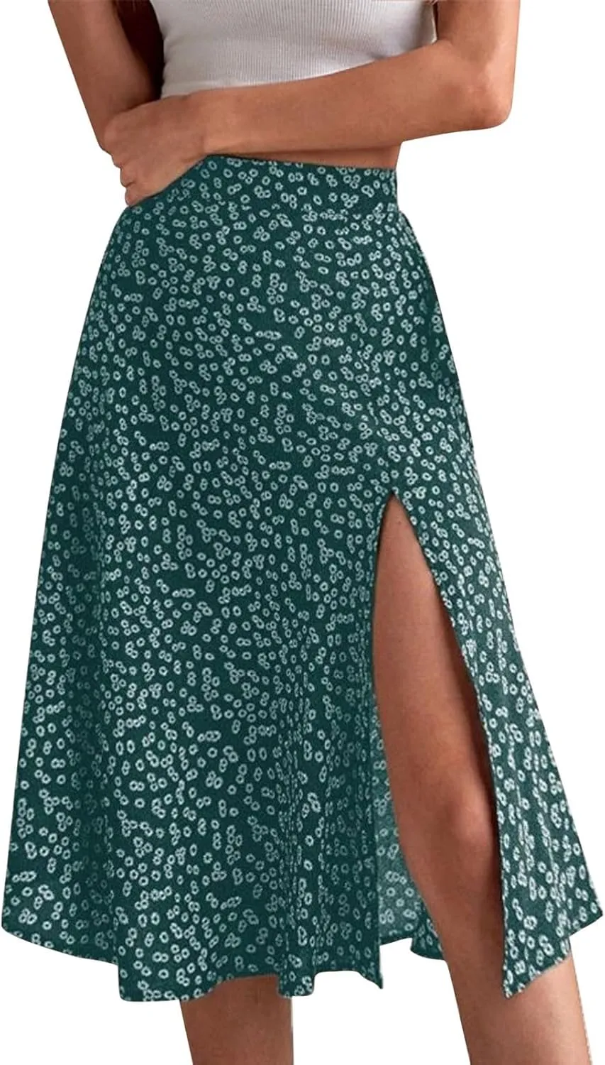Floral Maxi Skirt for Women Side Slit Boho Flowy Long Skirts High Wasit Bohomian Summer Vacation Beach A-Line Skirt
