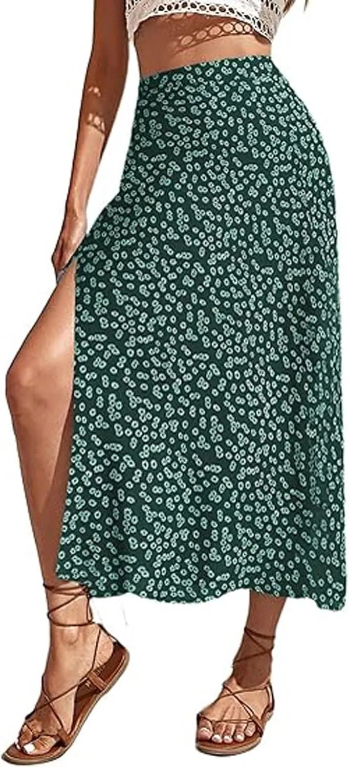 Floral Maxi Skirt for Women Side Slit Boho Flowy Long Skirts High Wasit Bohomian Summer Vacation Beach A-Line Skirt