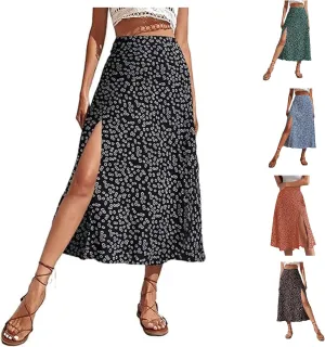 Floral Maxi Skirt for Women Side Slit Boho Flowy Long Skirts High Wasit Bohomian Summer Vacation Beach A-Line Skirt