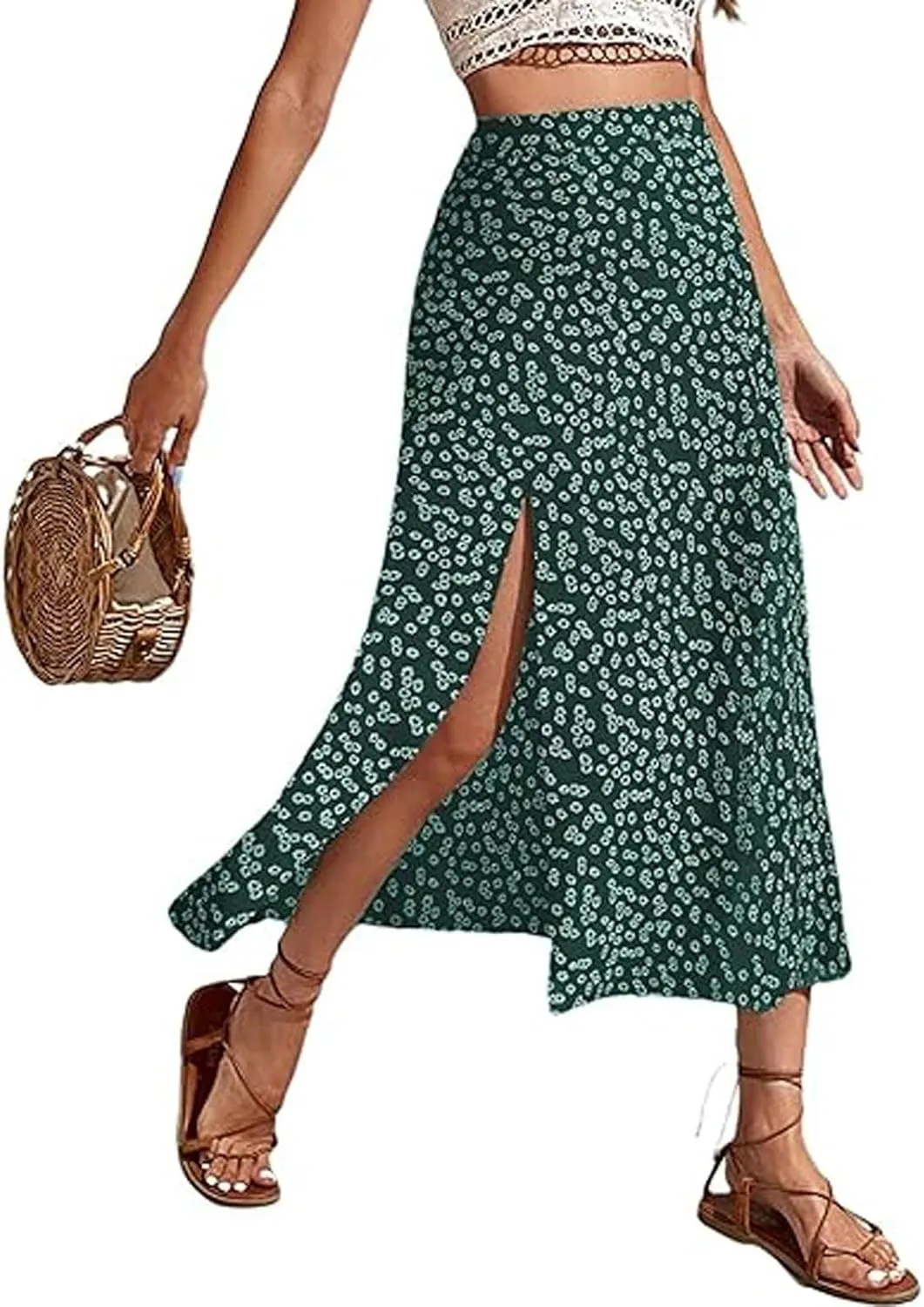 Floral Maxi Skirt for Women Side Slit Boho Flowy Long Skirts High Wasit Bohomian Summer Vacation Beach A-Line Skirt