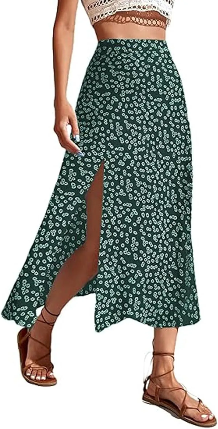 Floral Maxi Skirt for Women Side Slit Boho Flowy Long Skirts High Wasit Bohomian Summer Vacation Beach A-Line Skirt