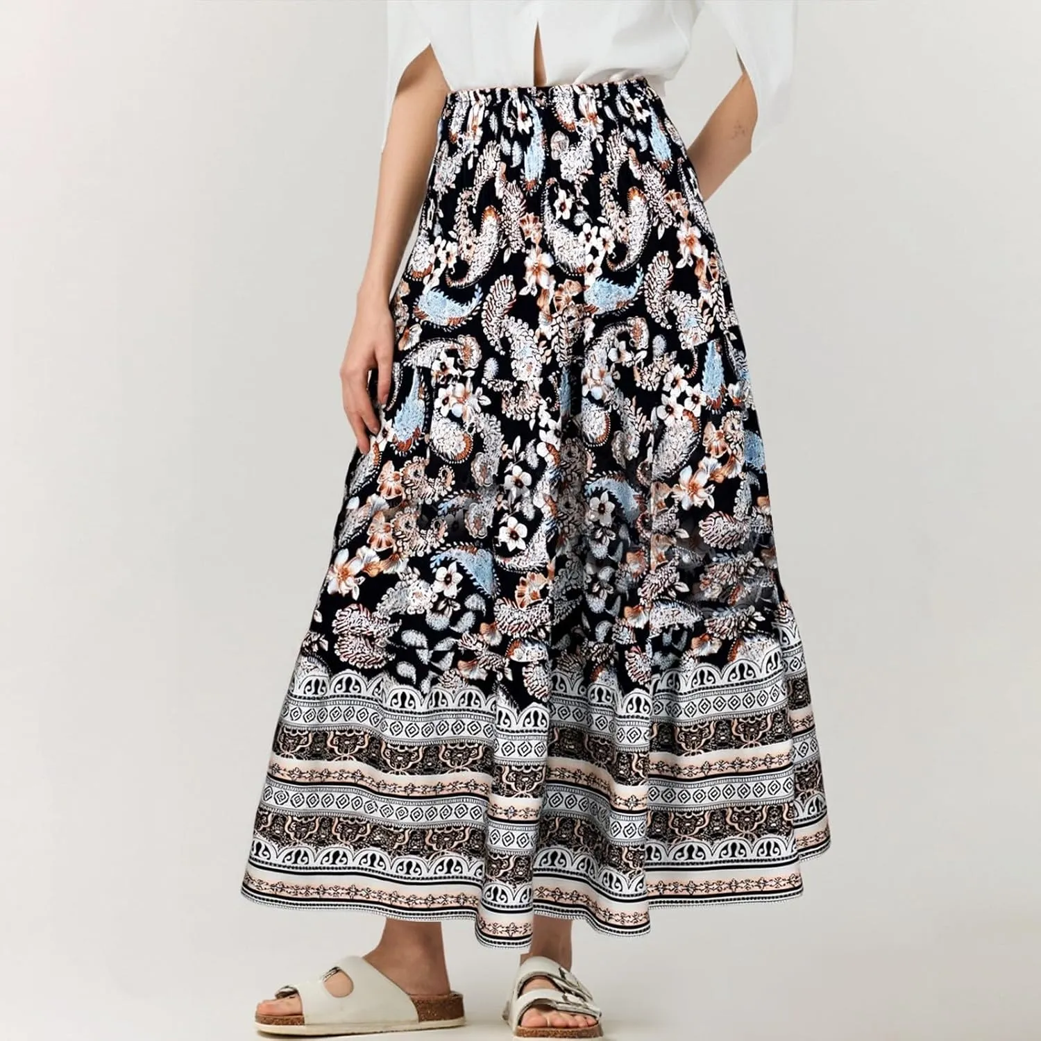 Flowy Maxi Skirts for Women Summer Drawstring Elastic A Line Skirt Business Tiered Pleated Skirt Long