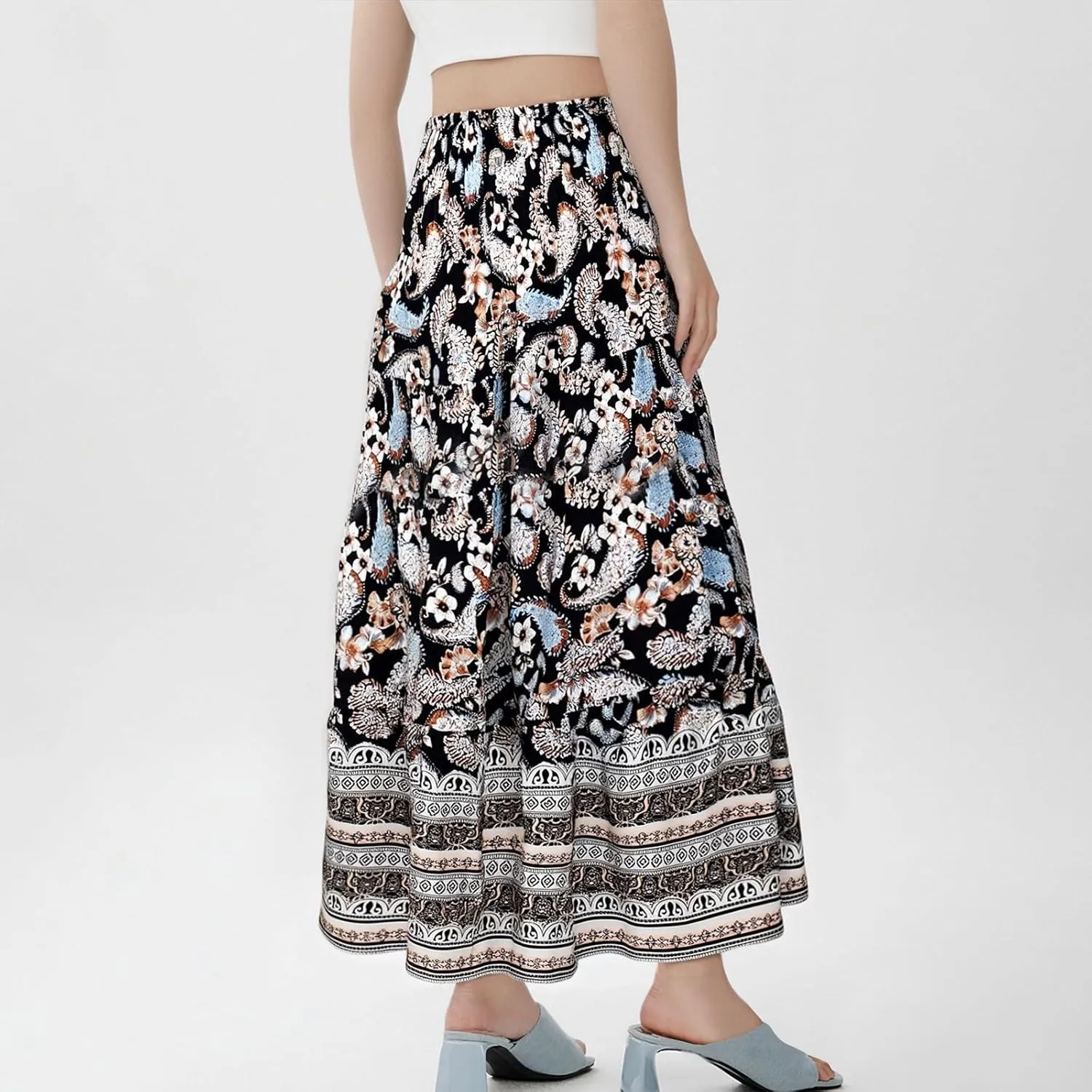 Flowy Maxi Skirts for Women Summer Drawstring Elastic A Line Skirt Business Tiered Pleated Skirt Long