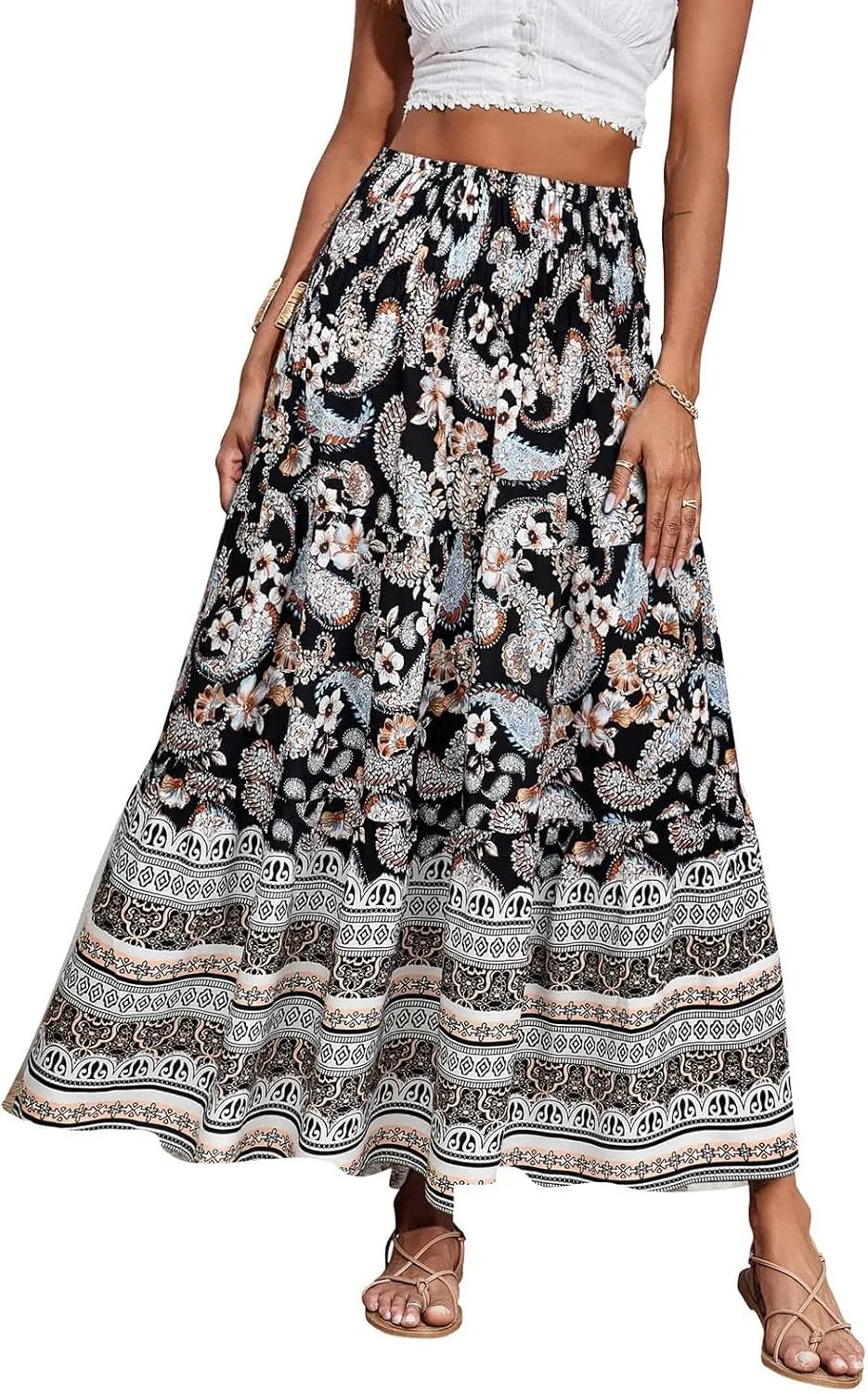 Flowy Maxi Skirts for Women Summer Drawstring Elastic A Line Skirt Business Tiered Pleated Skirt Long