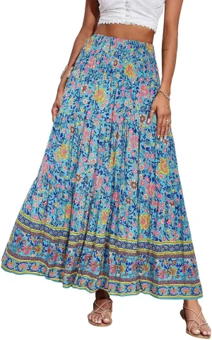 Flowy Maxi Skirts for Women Summer Drawstring Elastic A Line Skirt Business Tiered Pleated Skirt Long