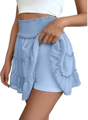 Flowy Shorts for Women Casual High Waist Boho Ruffle Summer Tiered Skorts High Waist Mini Flowy Skirts Golf Shorts