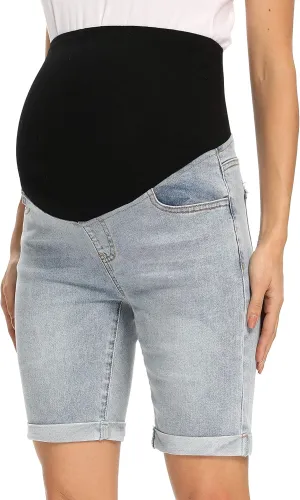 Foucome Women's Materntiy Denim Shorts Over The Belly Comfy Stretch Bermuda Jean Shorts